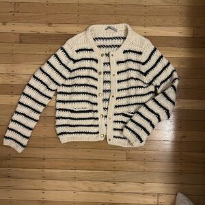 Zara crochet Striped Black and Cream Women's Sweater | gold buttons | spring
